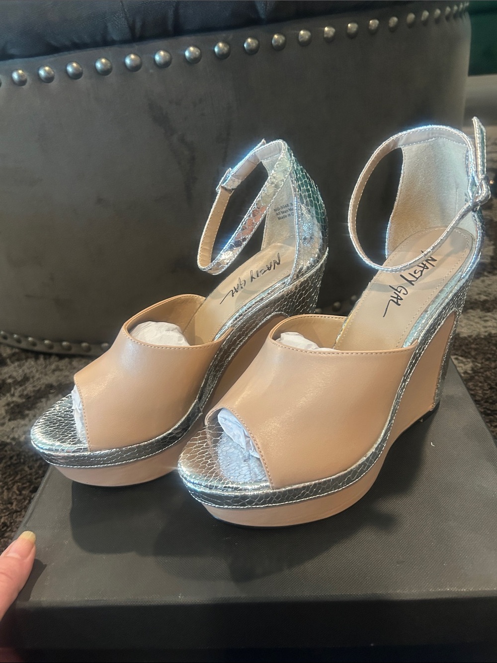 Nasty Gal Nude and Silver Snakeskin Platform Wedges